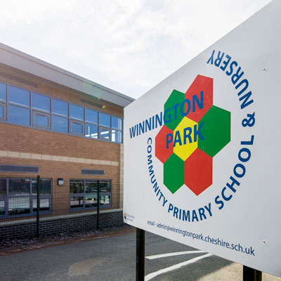 Tamlite Winnington Park Primary School Northwich building exterior image with signage