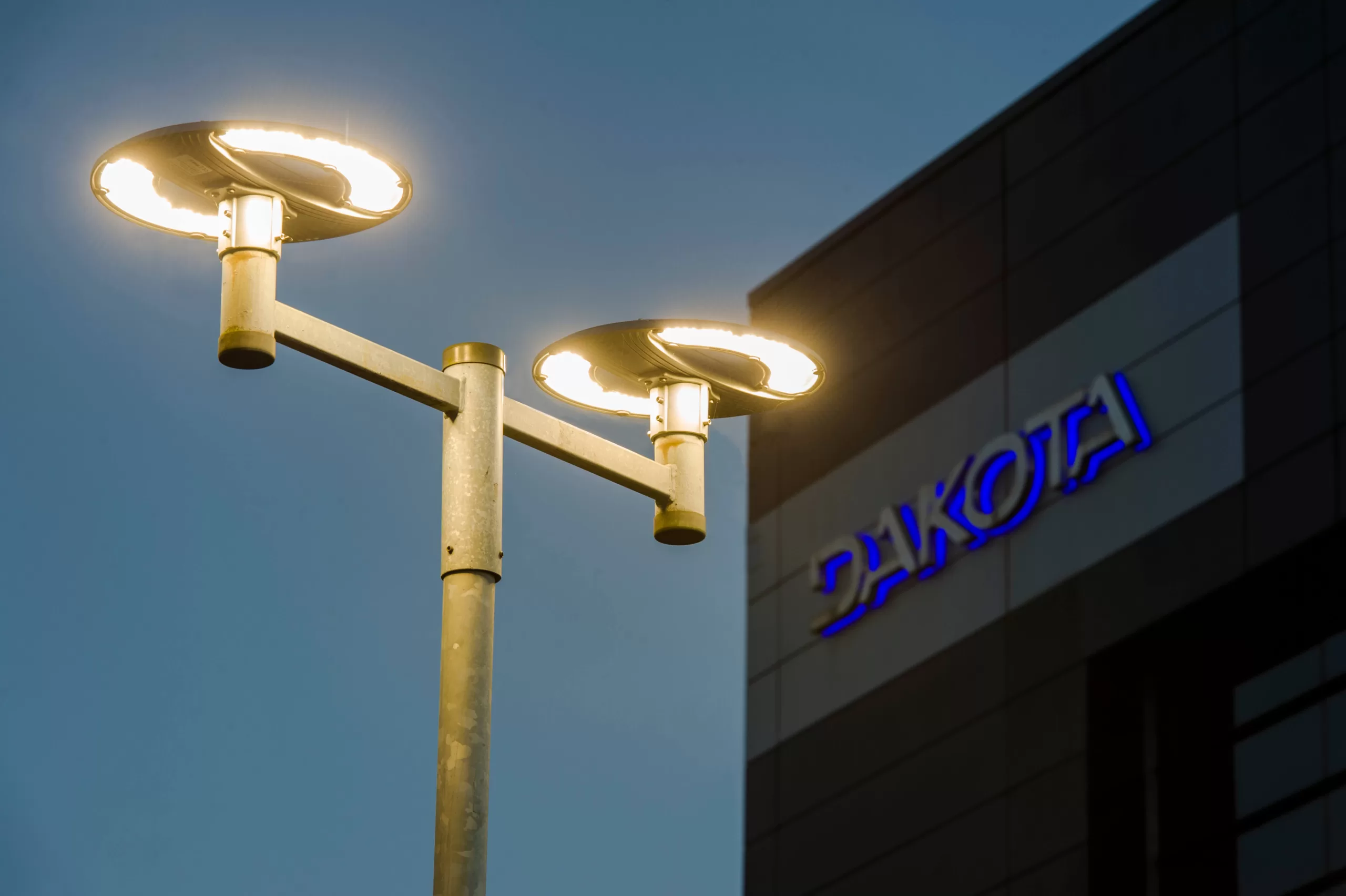 Column lighting with Dakota building in background