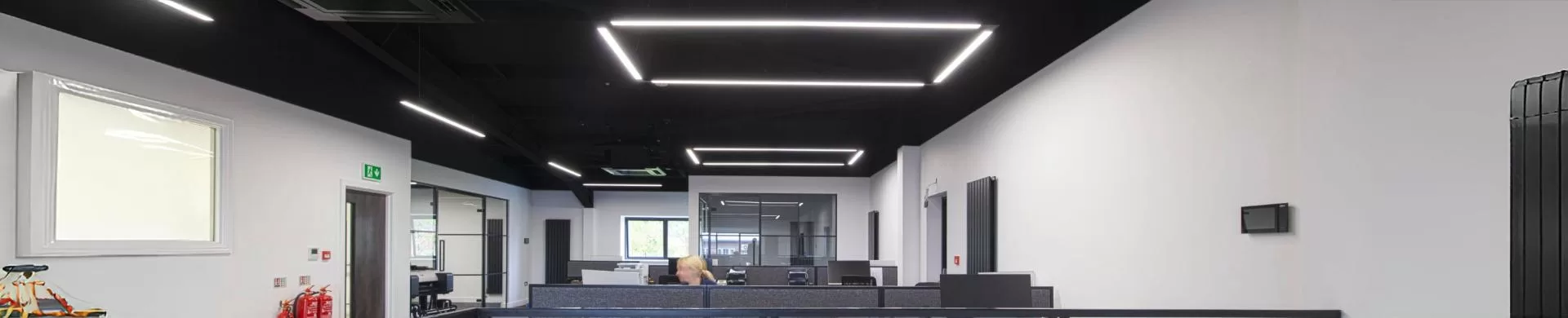 black and white office with square led strip lights